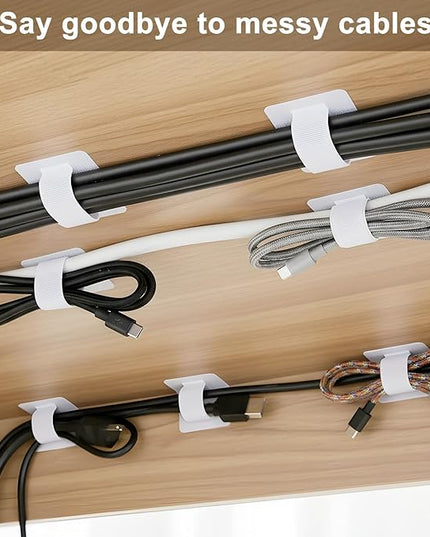100 Pcs Hook and Loop Cable Ties, Self Adhesive Cable Management Desktop Cable Straps, Adjustable Cord Organizer for Desk Home Office Organization (White)