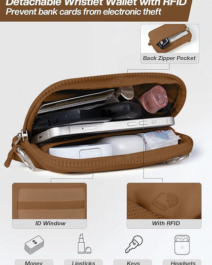 Clip and Go Strap for Phone with Wallet Crossbody Phone Lanyard Adjustable and Detachable RFID Wristlet Wallet with ID Window and Zipper, Brown Large