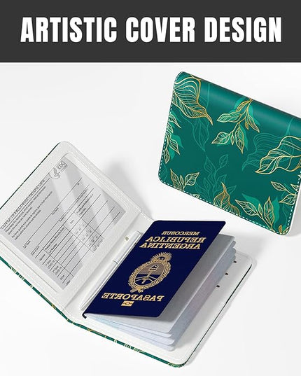 Rimilak Passport Holder, RFID Blocking Passport Cover Wallet Travel Essentials, Leather Travel Air Ticket Documents Organizer Protector for Women and Men, Gold Leaves