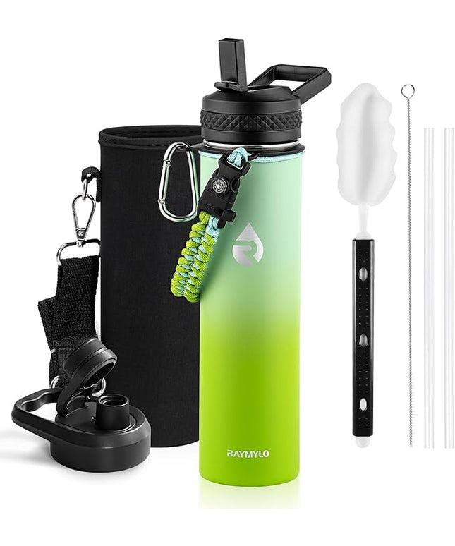 Insulated Water Bottle 24oz, Triple Wall Vacuum Stainless Steel (Cold for 48 Hrs, Hot for 24Hrs), Leak Proof & Non-BPA, 24oz Hydro Water Flask with Paracord Handle & Straw Spout Lids