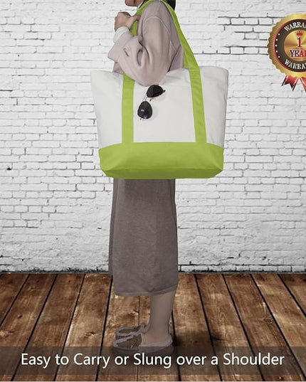 TOPDesign 1-Pack Canvas Tote Bag with an External Pocket, Reusable Grocery Shopping Bag, Top Zipper Closure, Daily Essentials (Light Green/Natural)
