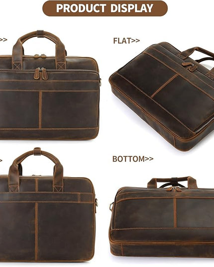 Jack&Chris Full Grain Leather Briefcase for Men, Business Messenger Bag Laptop Bag Attache Case, Fits 15.6 Inch Laptop