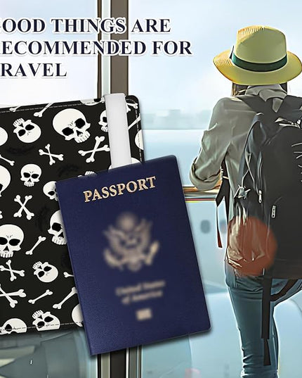 Passport Holder for Travel Essentials, RFID Premium Leather Passport Wallet Cover Case for Travel Must Haves Accessories, Passport Book Holders for Women Men Black White Skulls