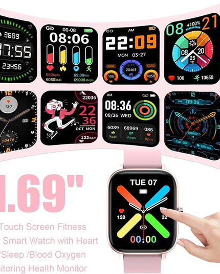 Smart Watch for Men Women Compatible with iPhone Samsung Android Phone 1.69 inch Full Touch Screen IP68 Waterproof Bluetooh Fitness Tracker Heart Rate/Sleep Monitor (Pink)