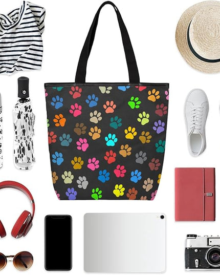Pardick Colorful Animal Paw Prints Canvas Tote Bag, Eco Friendly Cute Reusable Grocery Shopping Bag With Zipper Inner Pocket for Women & Girls