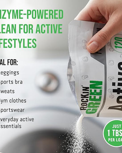 Rockin' Green Laundry Detergent, Plant based, All Natural Laundry Detergent Powder, Vegan and Biodegradable Odor Fighter, Safe for Sensitive Skin (Active Wear 120 Loads - Unscented)