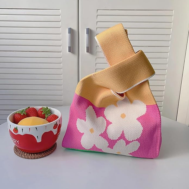 Women's Wrist Knot Tote Bag Small Crochet Wristlet Handbag Aesthetic Cute Knit Purse (Very Small Size)