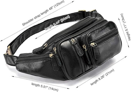 Genuine Leather Fanny Pack large capacity Crossbody Waist Bag with Zipper phone Pockets black