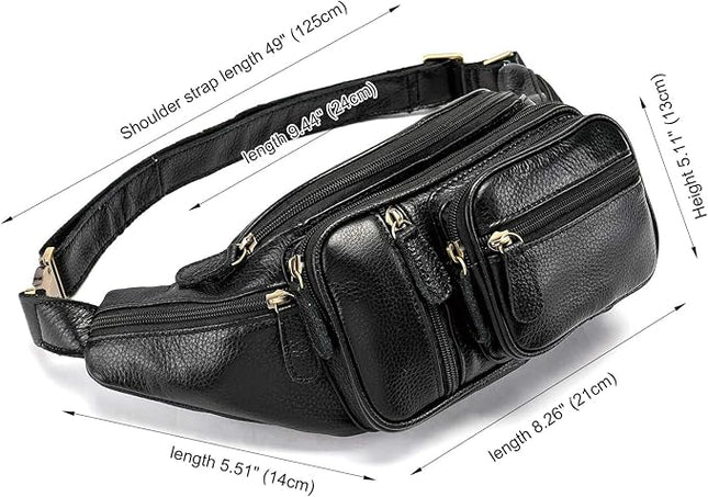 Genuine Leather Fanny Pack large capacity Crossbody Waist Bag with Zipper phone Pockets black