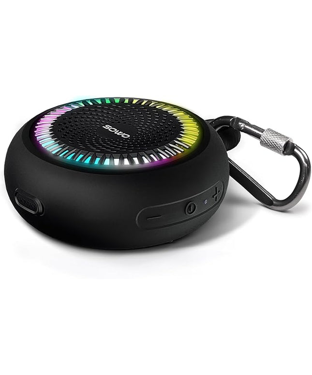 SOWO Shower Speaker Bluetooth Waterproof | Small Portable Wireless Bluetooth Speaker with Clip | Powerful Bass and Louder Volume | Colorful Lights and Lightweight | for Bathroom,Travel,Beach | Black