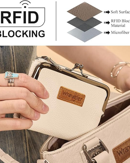 Montana West Wrangler Women's Wallet RFID Blocking Wallets Small Bifold Credit Card Holder with Kiss Clasp Beige