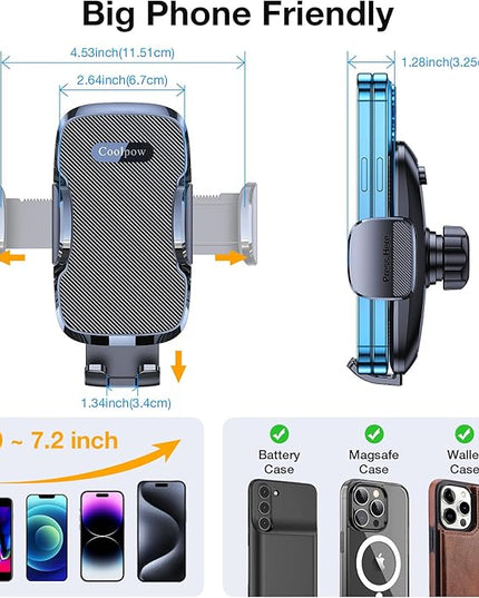 Coolpow 3-in-1 Car Phone Holder Mount【Strongest Suction & Military-Grade】 Cell Phone Holders for Your Car Dashboard Phone Holder Automobile Cradle Truck Mount Stand for iPhone Android All Smartphones