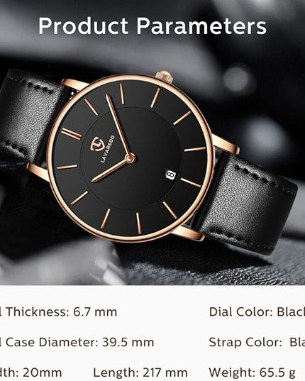 L LAVAREDO Watch for Men, Extremely Thin Mens Watches Minimalist Analog Men's Leather Wrist Watches with Time/Date, Birthday Gift for Men Boyfriend
