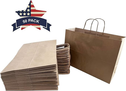 Qutuus 16x6x12 Inches 50 Pack Brown Kraft Paper Bags with Handles for Grocery, Birthdays, Retail, Small Business