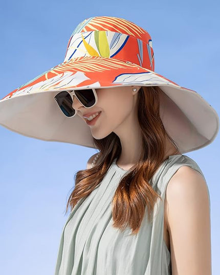 HUAMULAN Women Summer Sun Hat Wide Brim Wired Edge Floral Beach Bucket Hats Reversible Foldable Travel UV Protection Lady Hat