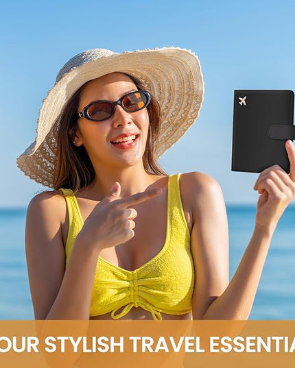 Passport Holder for Travel Essentials, RFID Blocking Leather Cover Wallet with Magnetic Closure, Aesthetic & Cute Passport Book Case for Women and Men - Black