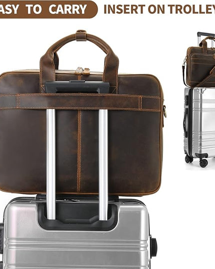 Jack&Chris Full Grain Leather Briefcase for Men, Business Messenger Bag Laptop Bag Attache Case, Fits 15.6 Inch Laptop
