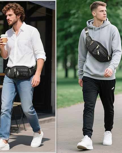 Genuine Leather Fanny Pack large capacity Crossbody Waist Bag with Zipper phone Pockets crocodile black