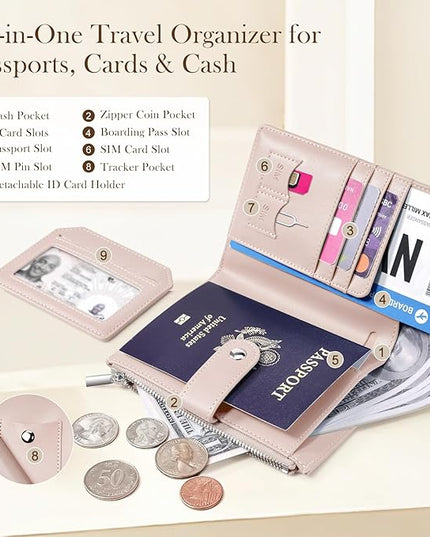 Dadanism RFID Passport Holder for Travel, Pu Leather Passport Wallet Cover with Card Holders, SIM Slots, Zippered Coin Pocket and Cash Slot, Slim Compact Travel Wallet for Women, Pink