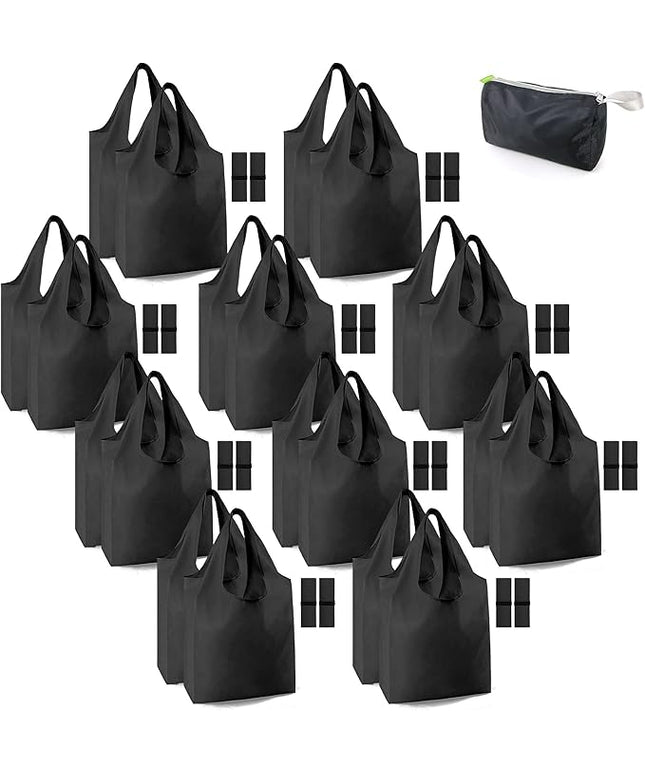 BeeGreen 20 Pack Black Reusable Grocery Bags with Storage Pouch Reusable Shopping Bags Bulk w Elastic Band 50LBS X-Large Foldable Tote Bags Machine Washable-Heavy Duty Cloth Tote Bags for Groceries