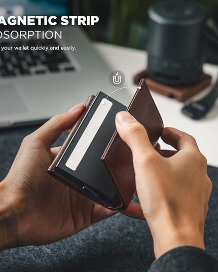 VULKIT Pop up Card Wallet Minimalist Cash Wallets RFID Blocking Leather Smart Credit Card Holder with ID window for Men (Espresso)