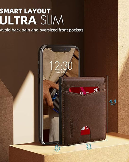 RUNBOX Wallet for Men Slim Leather Bifold RFID Blocking Minimalist Front Pocket Design with Gift Box