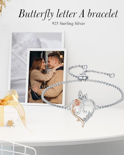 TOUPOP Gifts for Women Rose Heart Initial Bracelet 925 Sterling Silver Butterfly Letter Link Bracelet Love Jewelry Valentines Day Birthday Gifts for Her Wife Girlfriend Mom