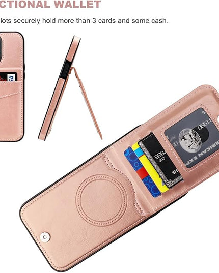 KIHUWEY for iPhone 13 Pro Max Case Wallet Compatible with MagSafe Wireless Charging, Credit Card Holder, RFID Flip Leather Magnetic Clasp Kickstand Heavy Duty Protective Cover 6.7 Inch (Rose Gold)