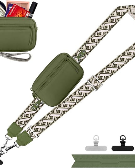 Clip and Go Strap for Phone with Wallet Crossbody, Adjustable Phone Lanyard with Detachable RFID Wristlet Wallet, Pattern Strap - Olive Green(M)