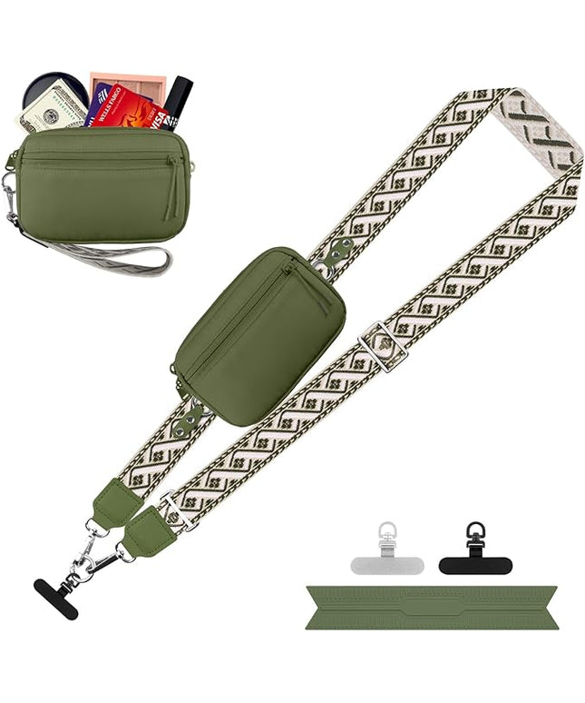Clip and Go Strap for Phone with Wallet Crossbody, Adjustable Phone Lanyard with Detachable RFID Wristlet Wallet, Pattern Strap - Olive Green(M)