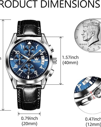 OLEVS Leather Chronograph Watch Men - Leather Strap (Brown/Black), Work Luminous Waterproof Analog Quartz Dress Wrist Watch with Blue/Black/Brown/White Dial