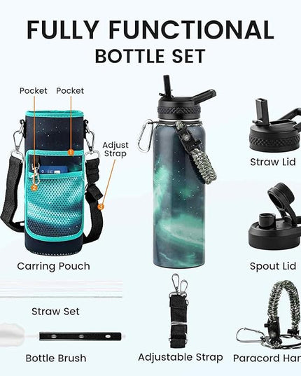 32oz Insulated Water Bottle, Triple Wall Vacuum Stainless Steel Water Bottles - Keeps Cold 48H, Reusable Metal water flask Jug for Gym, Sports, Camping, Hiking,Travel, Aurora-Green