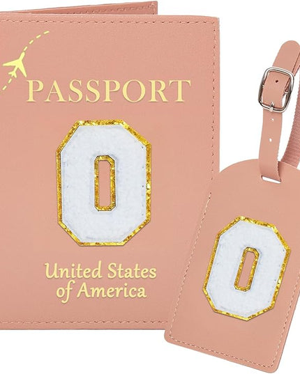 Initial Passport Cover Holder and Luggage tag Set,PU Leather Passport Case Travel Suitcase Tag with Letter Patch, Personalized Travel Luggage Accessories Gifts for Women Grils Teenage Pink O