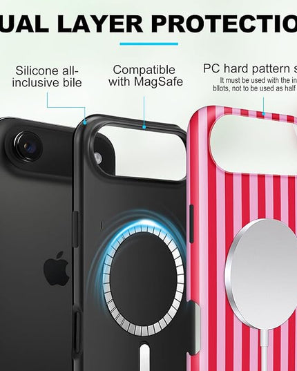 Magnetic for iPhone 17 Air Case Cute Stripes Phone Case, Shockproof Slim TPU and Hard PC Protective Phone Cover Compatible with MagSafe Designed for Women Girls, Pink and White