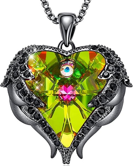 CDE Christmas Gifts for Women Angel Wings Necklace for Women with Birthstone, Love Heart Silver Tone/Gold Tone Pendant, Ideal Anniversary or Birthday Jewelry Gifts for Wife Girlfriend Her