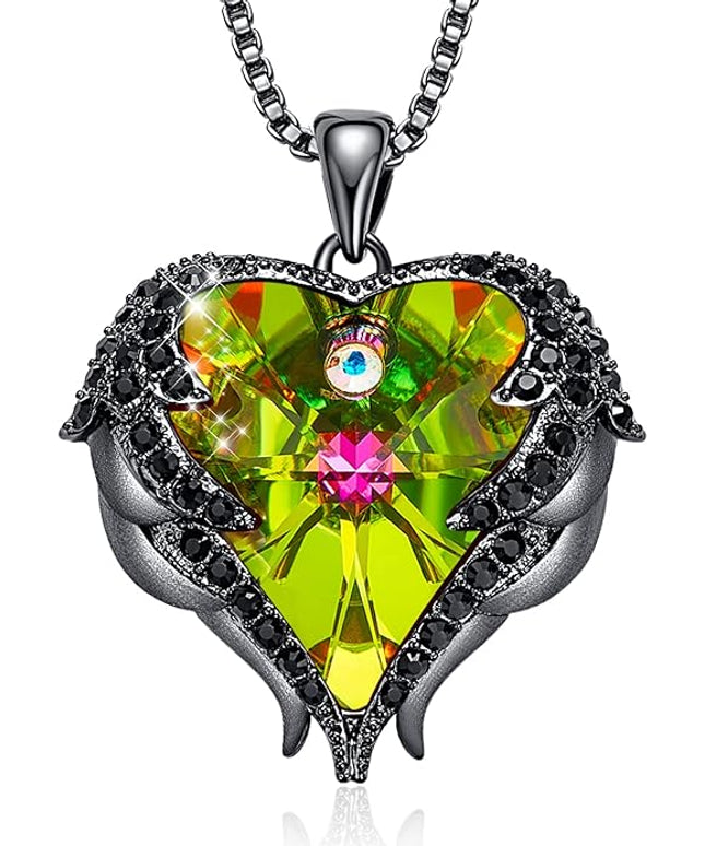 CDE Christmas Gifts for Women Angel Wings Necklace for Women with Birthstone, Love Heart Silver Tone/Gold Tone Pendant, Ideal Anniversary or Birthday Jewelry Gifts for Wife Girlfriend Her
