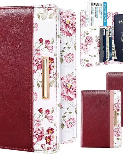 Passport Holder Cover Travel RFID Blocking Passport Cover Rose Gold Cute Flowers Passport Wallet with Elastic Band for Women