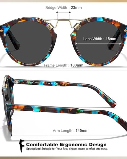 CARFIA Small Face Acetate Polarized Sunglasses for Women UV Protection, Retro Double Bridge Eyewears Metal Brow Round Sunnies