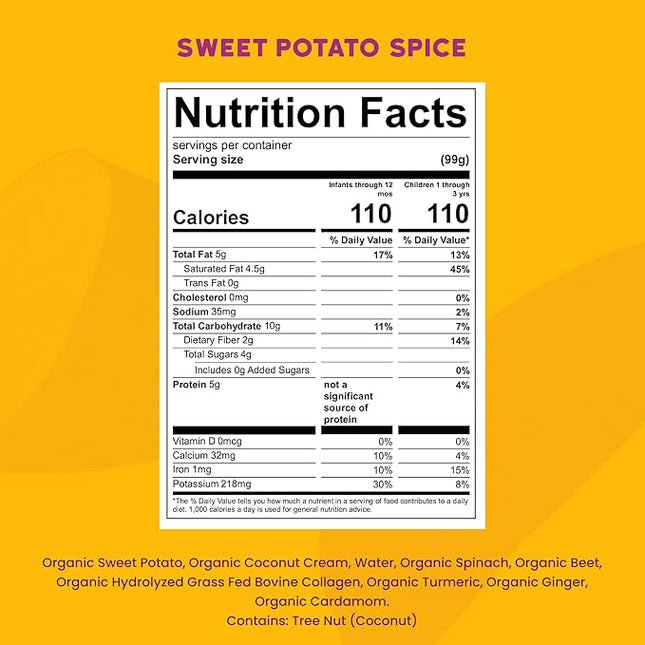 Serenity Kids 6+ Months Organic Dairy-Free Baby Food Smoothie Pouch - Sweet Potato Spice Collagen Protein - No Added Sweeteners Organic Baby Snacks - Protein Smoothie Toddler Food - 3.5 Oz, 12 Pack