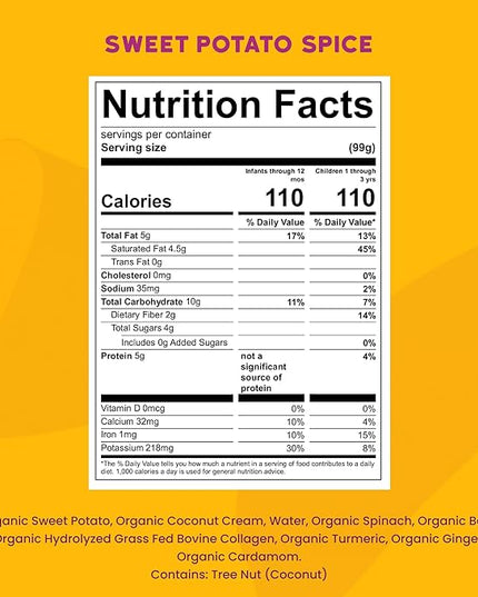 Serenity Kids 6+ Months Dairy-Free Smoothie Baby Food Pouches - USDA Organic, Grass Fed Collagen Protein - 3.5 Oz BPA-Free - Sweet Potato Spice - 6 Count - Smoothie Pouches