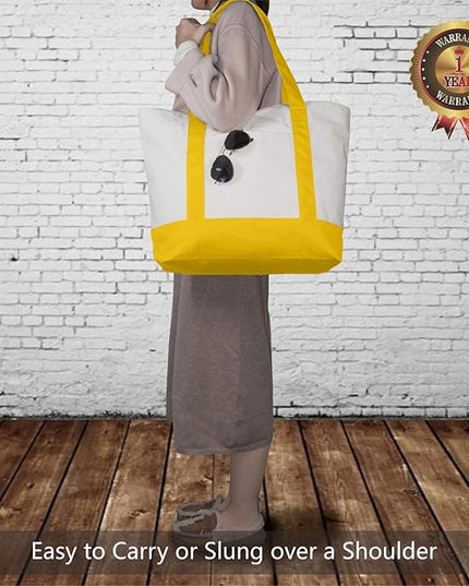 TOPDesign 6-Pack Canvas Tote Bags with an External Pocket, Reusable Grocery Shopping Bags, Top Zipper Closure, Daily Essentials (Yellow/Natural)