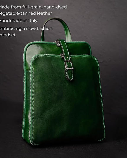 Time Resistance Leather Backpack - Convertible to Shoulder Bag - Full Grain Real Leather Travel Rucksack for Women (Green)