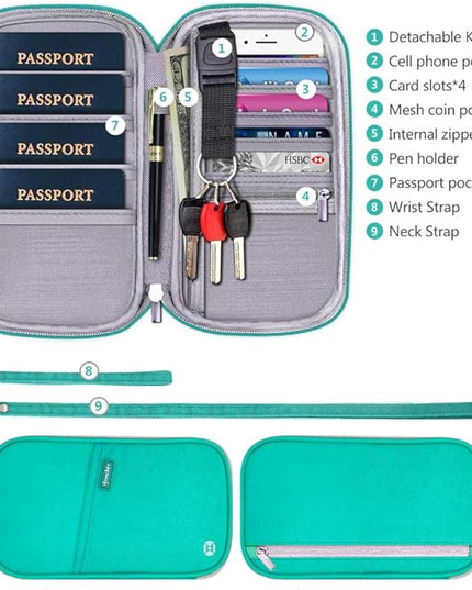 RFID Family Passport Wallet Holder Waterproof, Travel Document Organizer Credit Card Clutch Bag for Men Women