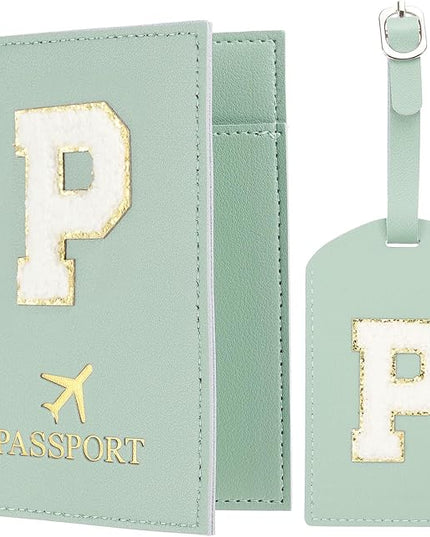 PATIKIL Passport Holder for Travel, Initial Passport Cover and Luggage Tag Set with Alphabet Chenille Letter Patch Travel Wallet Bag Suitcase Identifier for Women Family Travel Green P