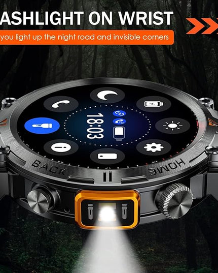 Military Smart Watch for Men with LED Flashlight 1.45” Rugged 3ATM Waterproof Smart Watch with 100+ Sports Modes Fitness Tracker with Heart Rate Sleep Monitor Tactical Smartwatch for iPhone Android