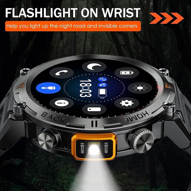 Military Smart Watch for Men with LED Flashlight 1.45” Rugged 3ATM Waterproof Smart Watch with 100+ Sports Modes Fitness Tracker with Heart Rate Sleep Monitor Tactical Smartwatch for iPhone Android