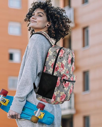 School Backpack Women and Teen Girl,Classic Bookbag Schoolbag with USB Port for High School College Office Work Travel 15.6 inch Gray Flower