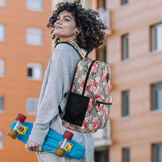 School Backpack Women and Teen Girl,Classic Bookbag Schoolbag with USB Port for High School College Office Work Travel 15.6 inch Gray Flower