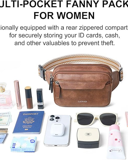 LATMAP 3L Fanny Packs for Women Cross Body Bag Vegan Leather Chest Belt Bag Fashion Waist Pack Small Bum Bag Crossbody for Travel Running Workout, Brown