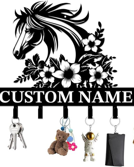 Personalized Custom Name Farm Horse Wall Key Hooks,Metal Horse Art Clothes Hooks,Metal Horse Wall Home Storage Decorative,For Front Door, Hallway, Kitchen, Bedroom,Keys,Hats (Style I)